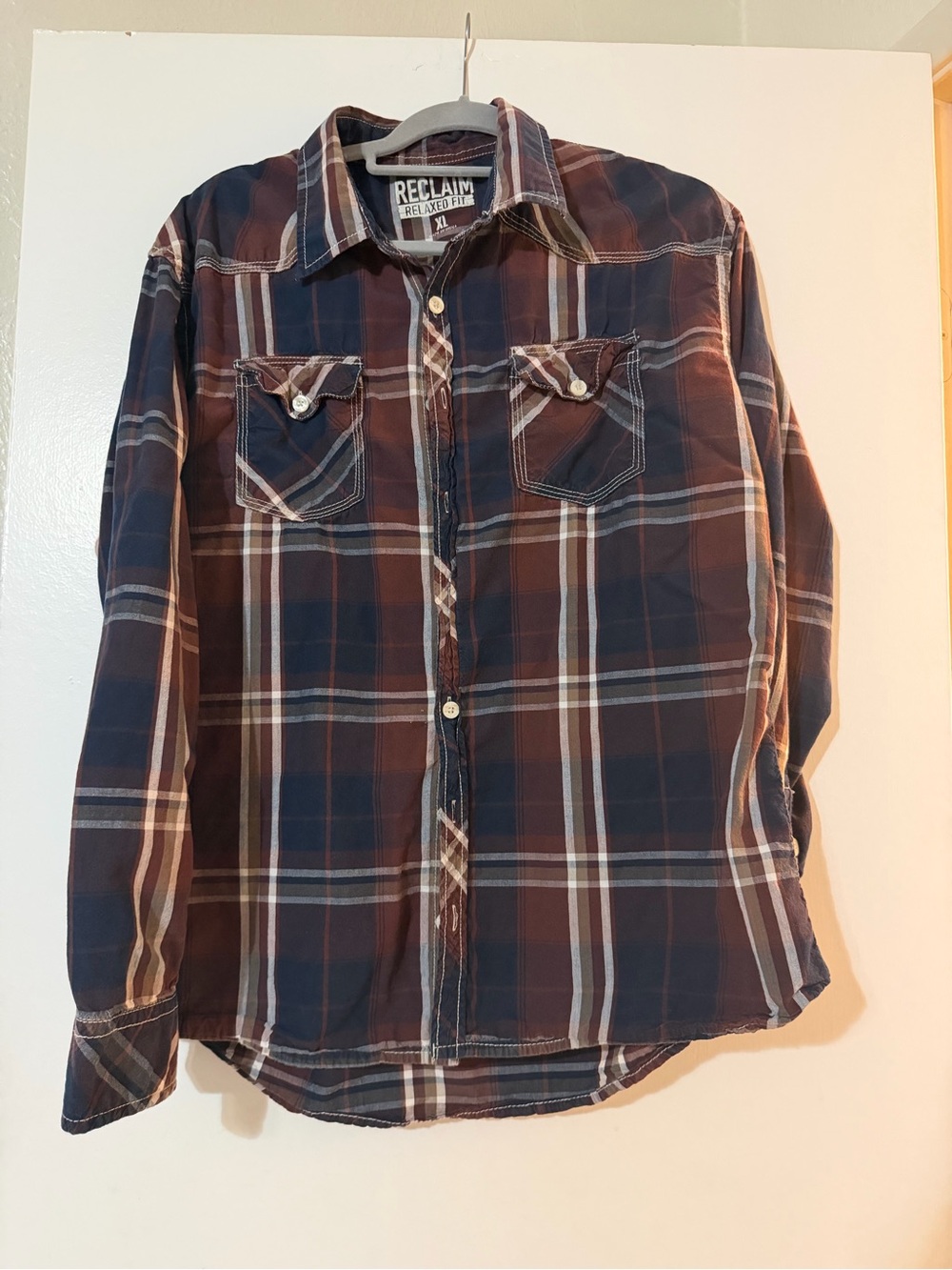 Reclaim Men's Casual Plaid Button-Down Shirt - Navy &  Brown